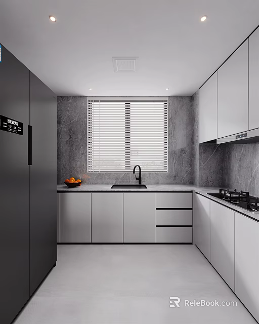 Modern Kitchen Interior Design With Gray White Cabinets Marble Countertop And Black Refrigerator 3d model