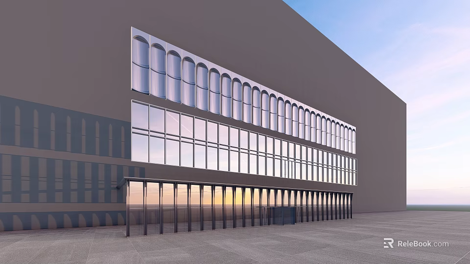 Modern Building Facade With Large Arched Glass Windows And Transparent Glass Doors 3d model 