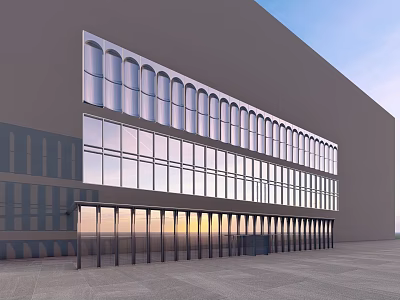 Modern Building Facade With Large Arched Glass Windows And Transparent Glass Doors 3d model