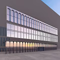 Modern Building Facade With Large Arched Glass Windows And Transparent Glass Doors