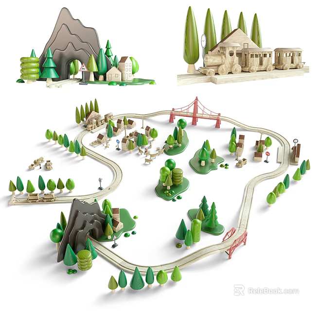 Wooden Dolls Play Scenes With Mountains Trees Small Houses Train Tracks And Bridge 3d model 