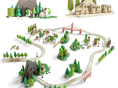 Wooden Dolls Play Scenes With Mountains Trees Small Houses Train Tracks And Bridge 3d model