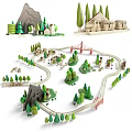 Wooden Dolls Play Scenes With Mountains Trees Small Houses Train Tracks And Bridge