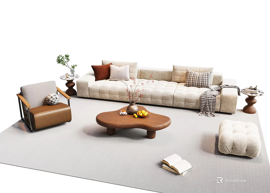Cozy Living Room Beige Sofa And Wooden Coffee Table Set With Pillows Armchair And Ottoman 3d model 