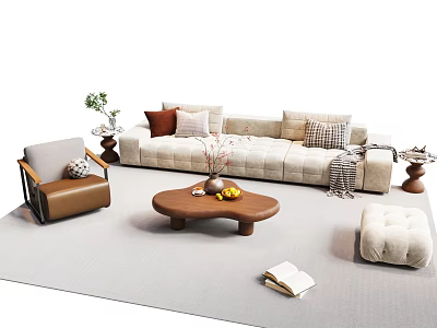 Cozy Living Room Beige Sofa And Wooden Coffee Table Set With Pillows Armchair And Ottoman 3d model