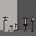 Traditional Japanese Lanterns With Various Styles Marble Bases And Wooden Structures