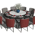 Elegant Round Dining Table Set With White Tabletop Gray Red Striped Chairs And Blue Vase 3d model
