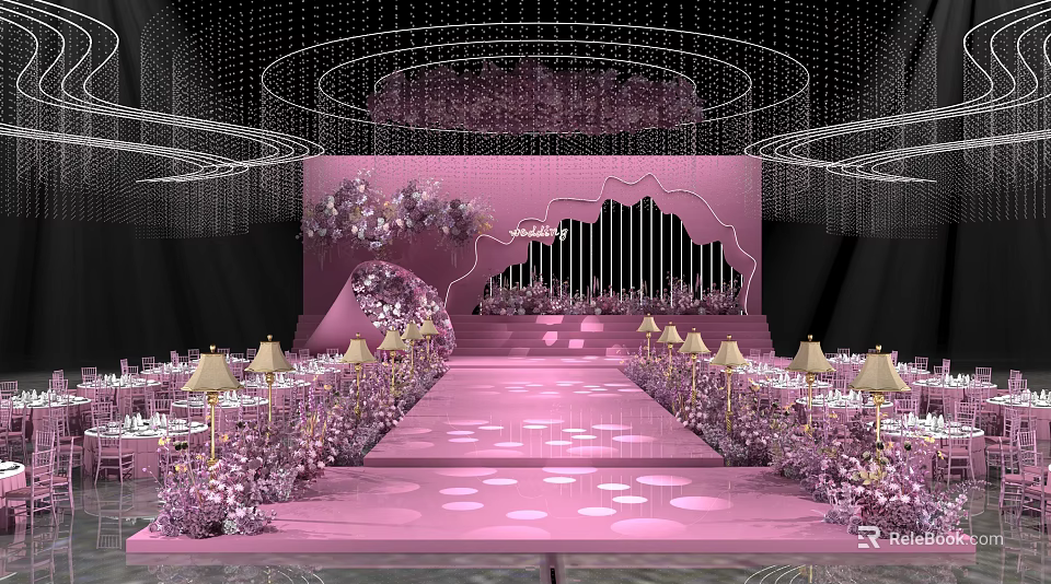 Pink Banquet Hall Interior With Stage Decorative Flowers Crystal Chandeliers Dining Tables And Table Lamps 3d model 