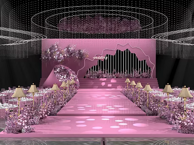 Pink Banquet Hall Interior With Stage Decorative Flowers Crystal Chandeliers Dining Tables And Table Lamps 3d model