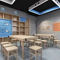 School Technical Classroom With Long Tables Stools Wooden Shelves And Educational Charts 3d model