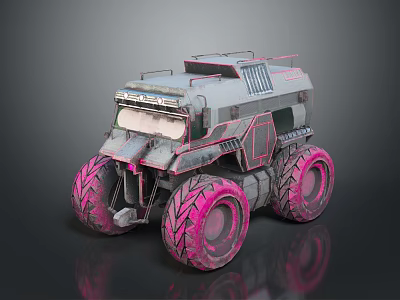 Rugged Off Road Terrain With Futuristic Vehicle And Large Pink Tires 3d model