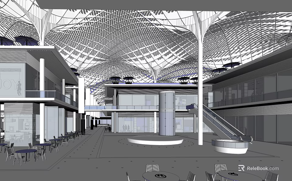 Modern Commercial Street Interior With Grid Ceiling Multi Level Structure Staircase And Tables Chairs 3d model 
