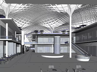 Modern Commercial Street Interior With Grid Ceiling Multi Level Structure Staircase And Tables Chairs 3d model