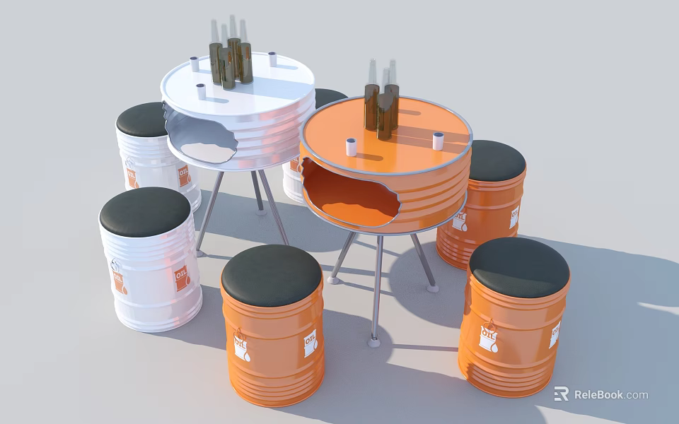 Barrel Shaped Chairs With Black Seats And Round Tables With Metal Legs In Orange White 3d model 