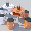 Barrel Shaped Chairs With Black Seats And Round Tables With Metal Legs In Orange White