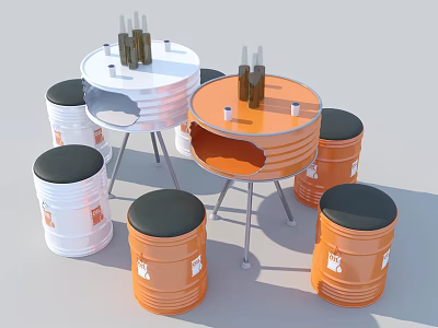 Barrel Shaped Chairs With Black Seats And Round Tables With Metal Legs In Orange White 3d model