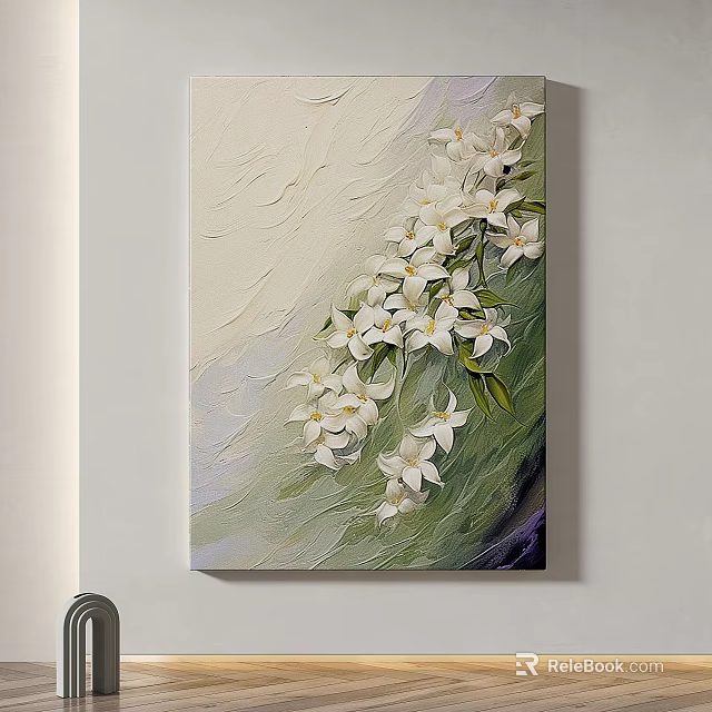 White Flowers Oil Painting With Green Background Textured Brushstrokes For Wall Decor 3d model 