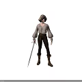 Medieval Fantasy Character In Light Blouse With Puffed Sleeves And Dark Leather Pants Holding Sword