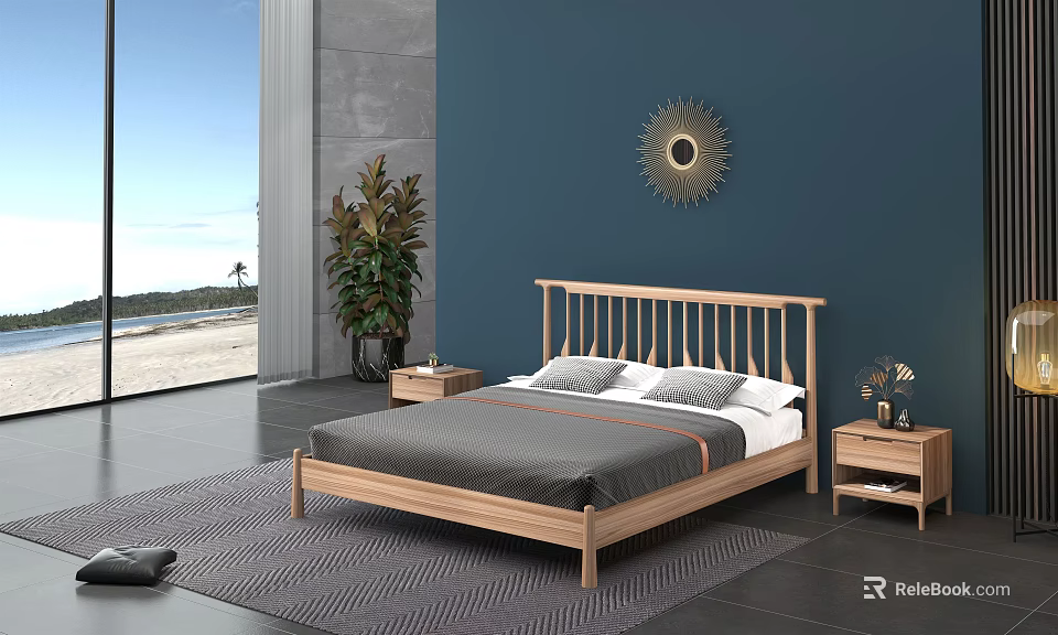 Minimalist Wooden Double Bed With Navy Blue Wall Round Mirror And Ocean View Window 3d model 