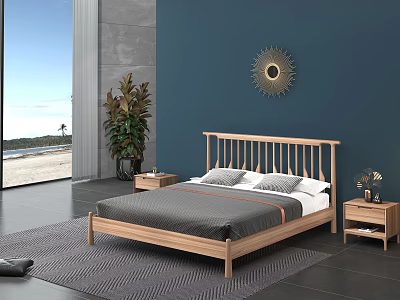 Minimalist Wooden Double Bed With Navy Blue Wall Round Mirror And Ocean View Window 3d model