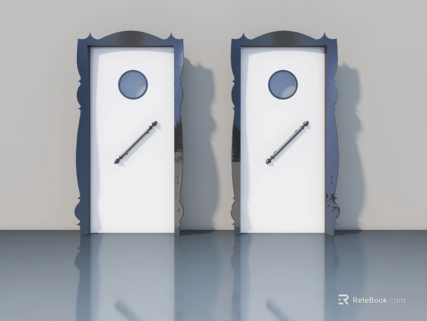 Two White Swing Doors With Round Glass Window And Black Frame Design 3d model