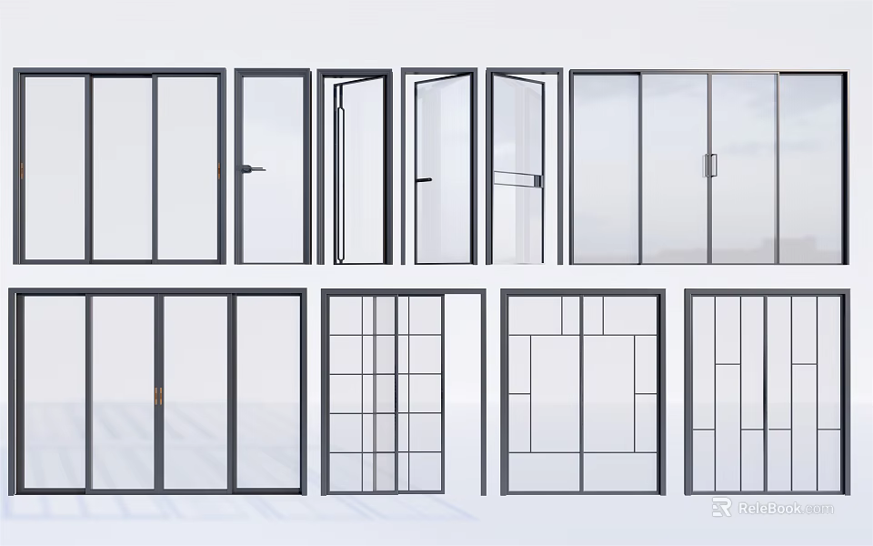 Different Sliding Door Styles Featuring Glass Panels And Frame Designs For Home 3d model