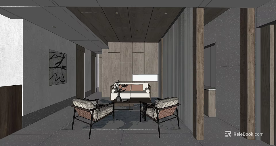 Modern Meeting Room Interior With Gray Tones Wooden Wall Sofa And Chairs 3d model 