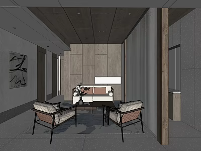 Modern Meeting Room Interior With Gray Tones Wooden Wall Sofa And Chairs 3d model