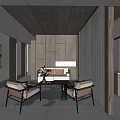 Modern Meeting Room Interior With Gray Tones Wooden Wall Sofa And Chairs