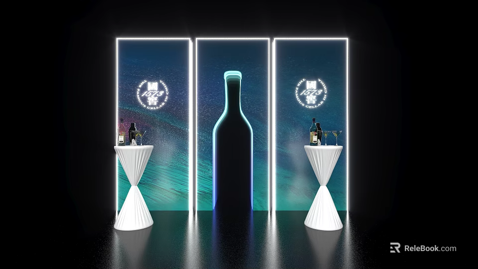 Modern Wine Display With Neon Framed Panels Wine Bottle Silhouette And White High Tables 3d model 