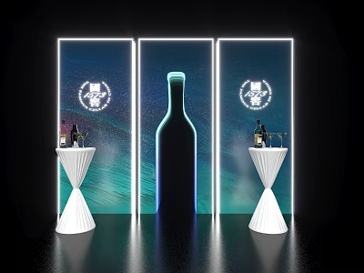 Modern Wine Display With Neon Framed Panels Wine Bottle Silhouette And White High Tables 3d model