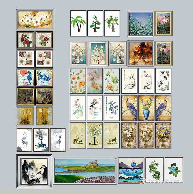 Diverse Botanical Paintings With Floral Tree And Peacock Designs For Wall Art 3d model 