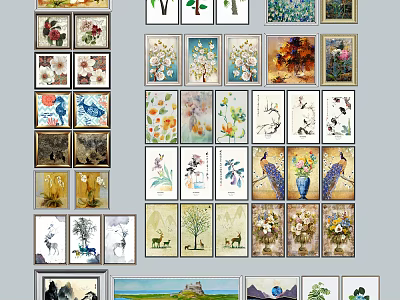 Diverse Botanical Paintings With Floral Tree And Peacock Designs For Wall Art 3d model