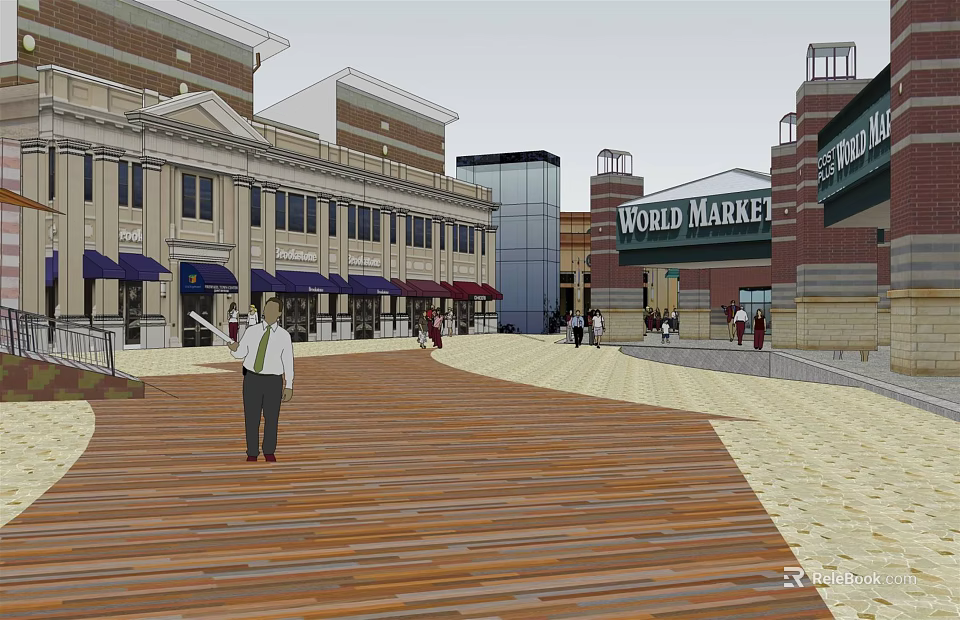 Vibrant Commercial Street Featuring World Market Traditional Modern Buildings Wooden Walkway and Pedestrians 3d model 