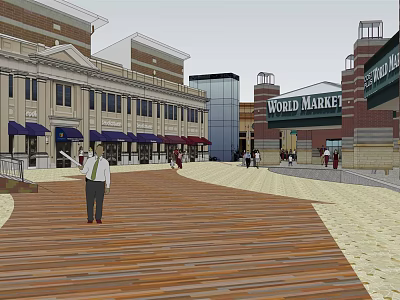 Vibrant Commercial Street Featuring World Market Traditional Modern Buildings Wooden Walkway and Pedestrians 3d model