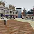 Vibrant Commercial Street Featuring World Market Traditional Modern Buildings Wooden Walkway and Pedestrians