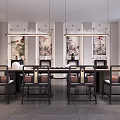 Modern Teahouse Interior With Long Wooden Table Decorative Paintings And Hanging Lamp