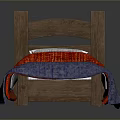 Wooden Bed With Red And Blue Quilt And White Pillows For Bedroom