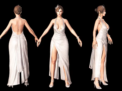 Three Angles Of Female Character In White Backless High Slit Gown With Headpiece High Heels 3d model