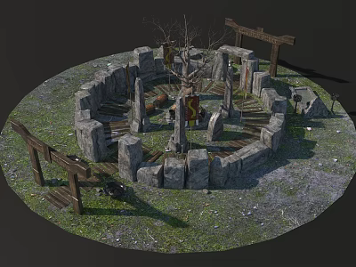 Ancient Stone Circle Site With Stone Pillars Circular Wall Wooden Gates And Dead Tree 3d model