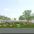 School Campus Outdoor Green Space With Trees Circular Structures Blue Installation And Seating Areas 3d model