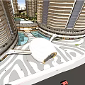 Modern Urban High Rise Complex With Central Water Feature And Surrounding Roads