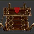 Detailed Wooden Log Fortress Structure With Ladder Red Cloth And Decorative Spikes