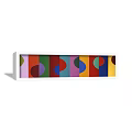 Abstract Long Canvas Painting With Colorful Circles And Various Colored Blocks On Gray Wall