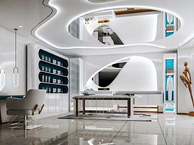 Modern SPA Sauna Interior Design With Curved Ceiling Blue Shelves And Gray Chair 3d model