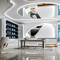 Modern SPA Sauna Interior Design With Curved Ceiling Blue Shelves And Gray Chair