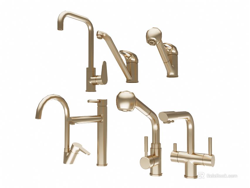Elegant Brushed Gold Faucets Collection with Various Styles and Designs 3d model 