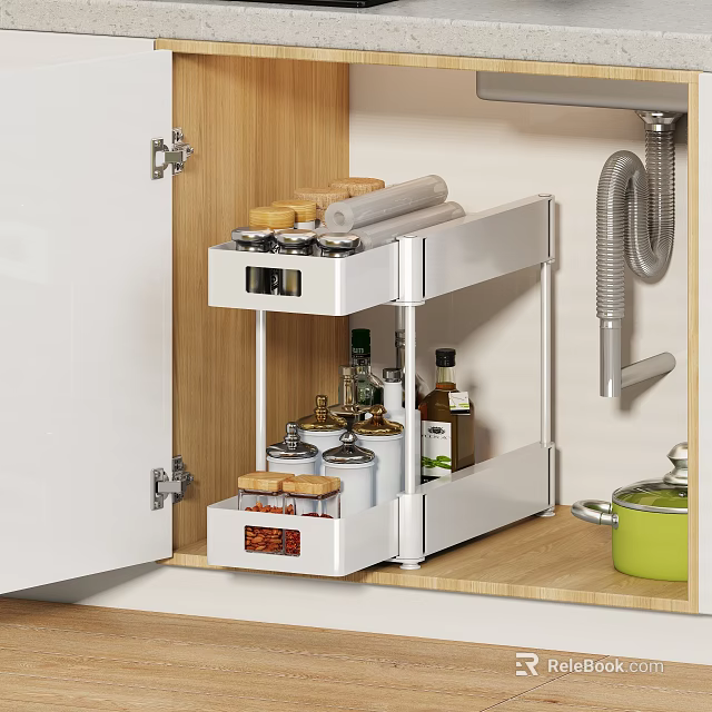 Pull Out Kitchen Cabinet Storage Shelf With Multi Tiered Design For Spices And Bottles 3d model