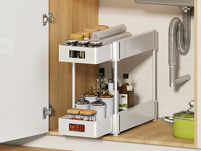 Pull Out Kitchen Cabinet Storage Shelf With Multi Tiered Design For Spices And Bottles 3d model