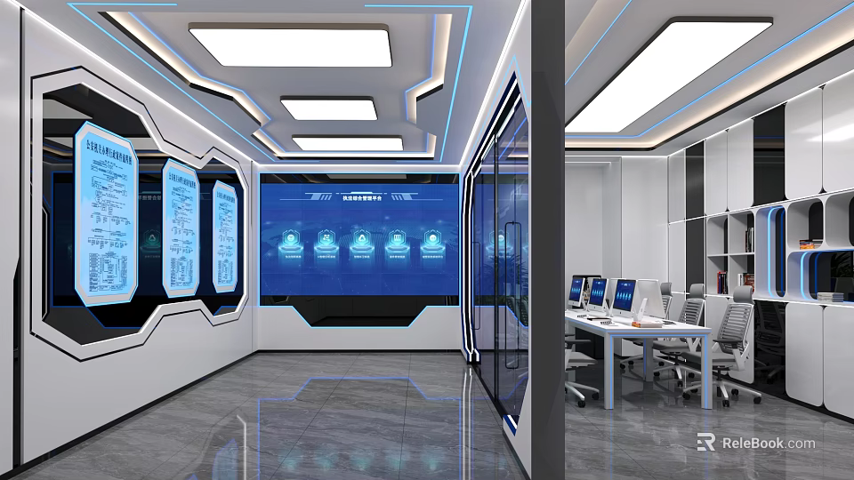 Modern Control Room with Blue Digital Screens Workstations and Glowing Lights 3d model 